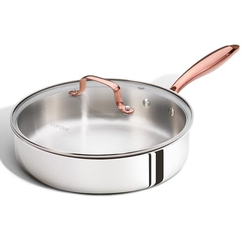 10″ Tri-Ply Stainless Steel Deep Frying Pan with Lid, Non-Toxic Saute Pan, Ov…