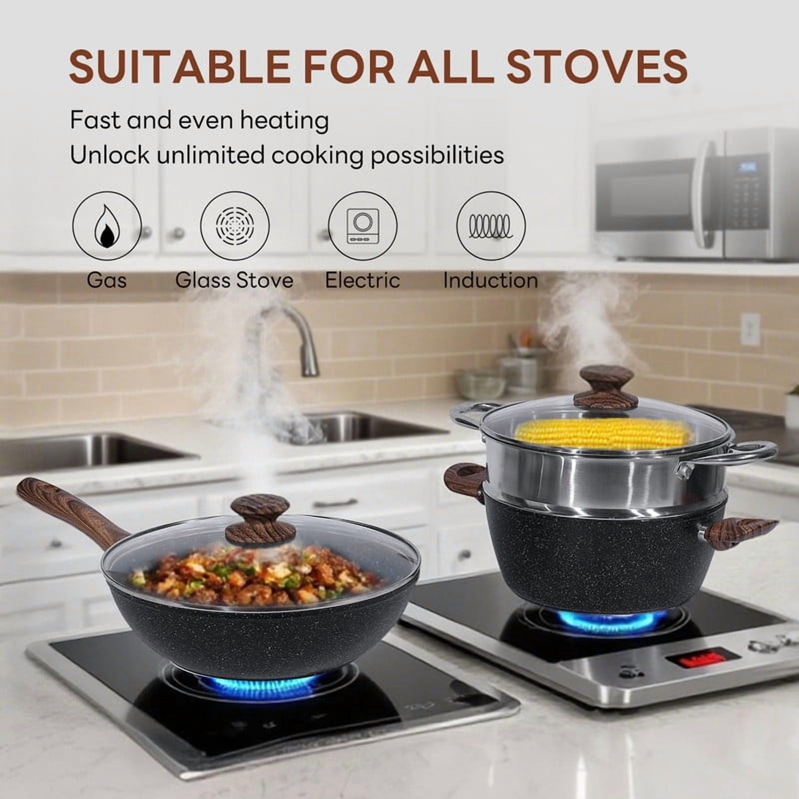 17 Pcs Non-Stick Pots & Pans Non-toxic Kitchen Cooking Set W/ Stay-Cool Handles