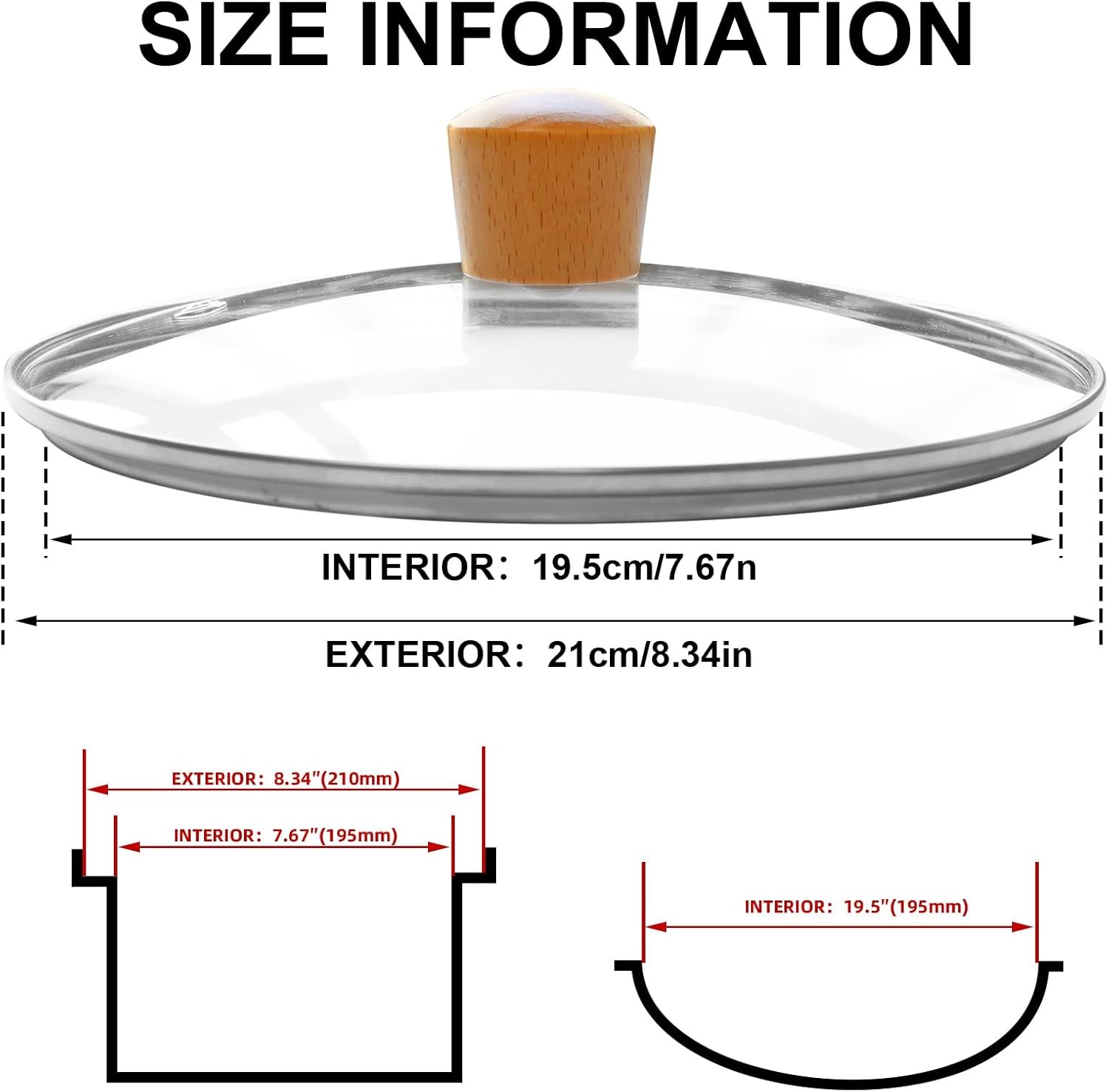 8 Inch Pan Lid with Wooden Handle, Tempered Glass Lid, Cast Iron Skillet, Pot,