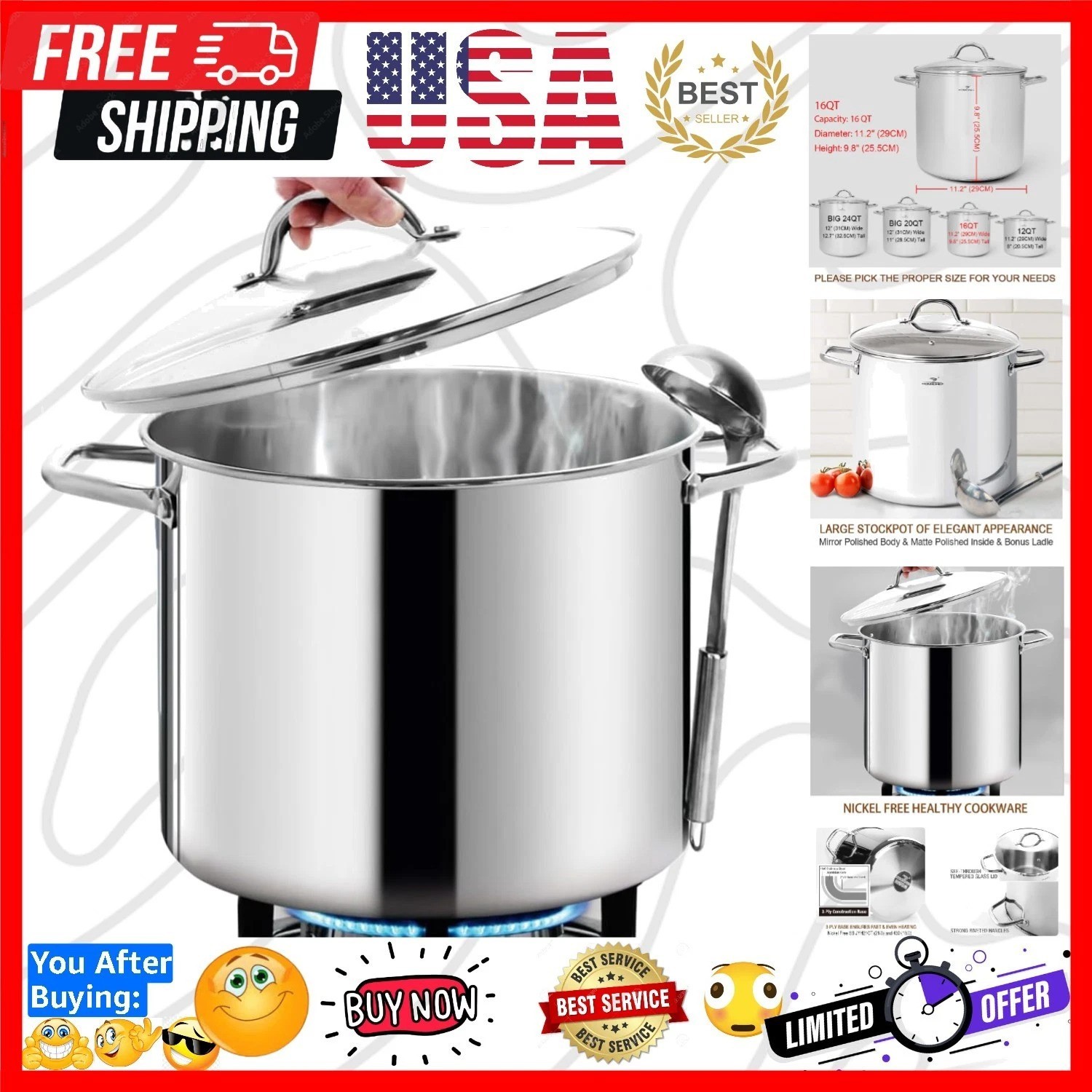 16 Quart LARGE Stock Pot with Glass Lid – NICKEL FREE Stainless Steel Healthy…
