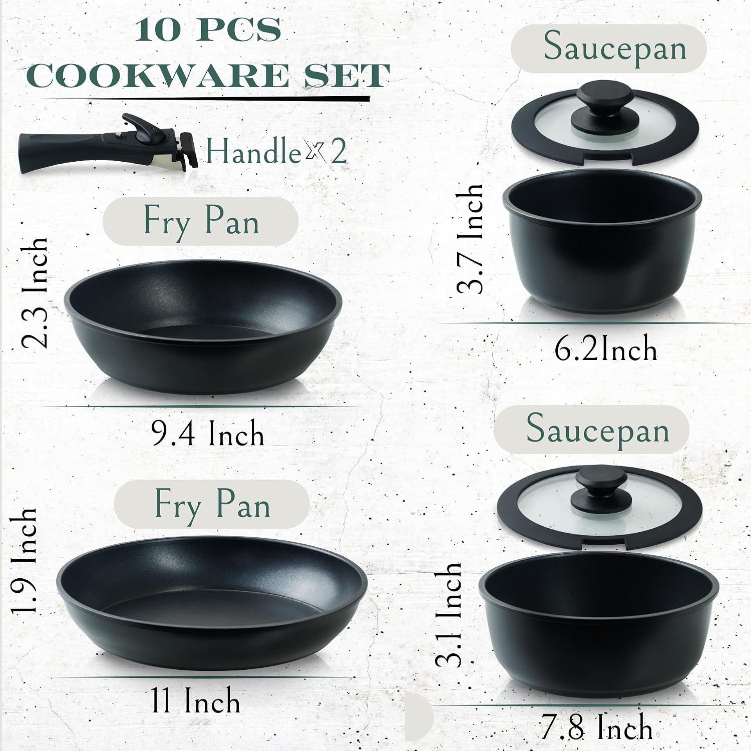 Moss & Stone 10pc Nonstick Cookware Set, Removable Handles, RV/Camping