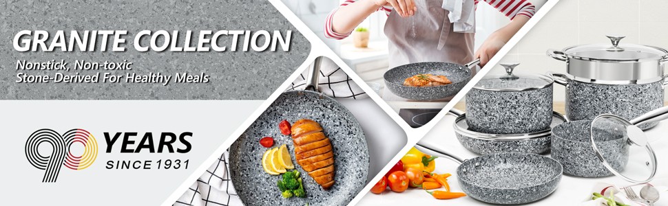 Frying Pans Set with 100% APEO & PFOA-Stone Non Stick Coating, Granite Skillet