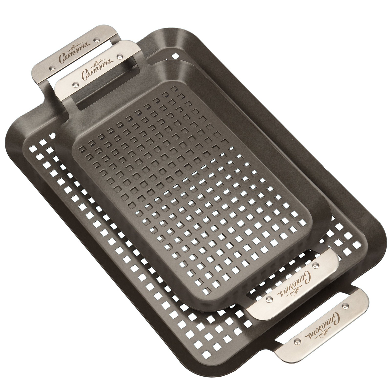 BBQ Grill Topper Grilling Pans (Set of 2)- Non-Stick Barbecue Trays w Stainle…
