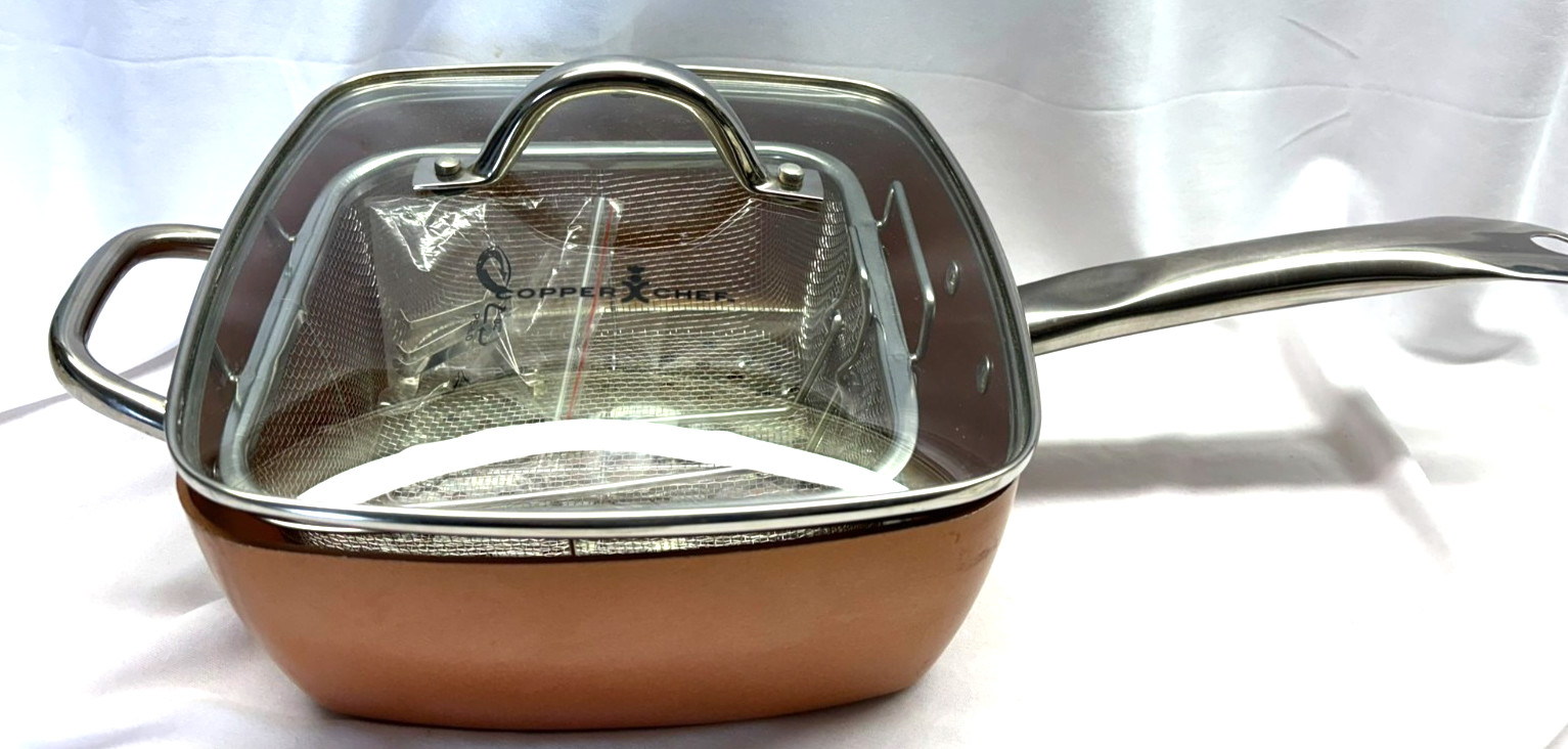 COPPER CHEF 5 Piece 9.5″ Non-Stick Deep Fryer Pot Pan, Lid, Fry Basket, Steamer
