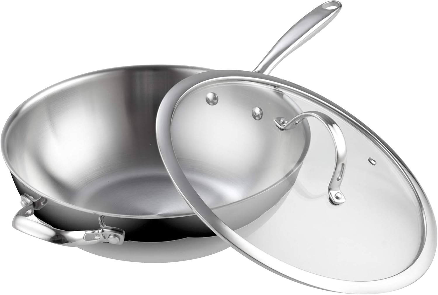 Stainless Steel Wok Pan 12 Inch Stir Fry Pan with Glass Lid Dishwasher Safe