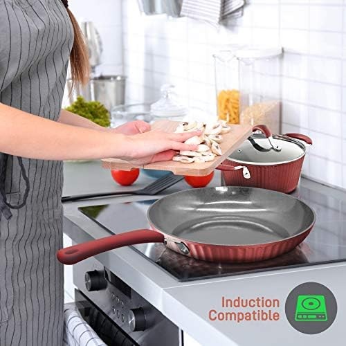 Non Stick Kitchen Cookware Set 11 Piece Gray Red Metal Silicone Handle