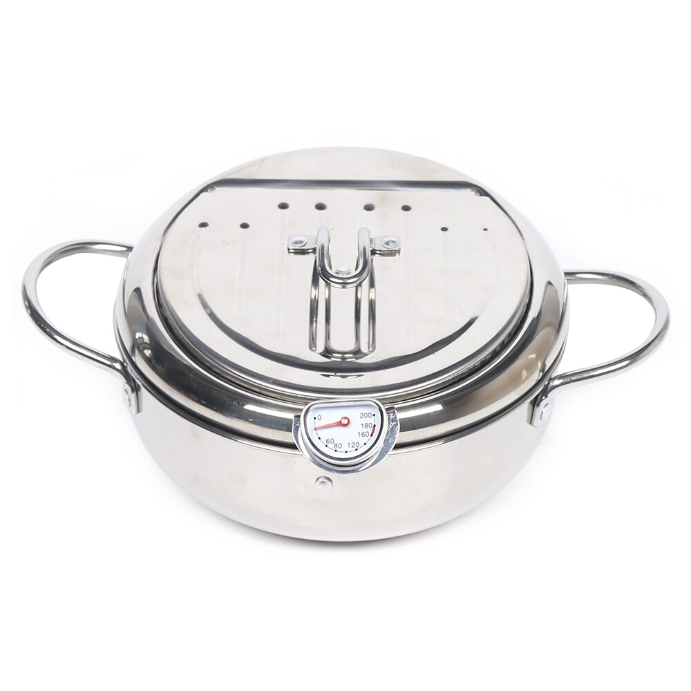 2.2L Deep Fryer Pot Non-sticky Kitchen Deep Frying Pan Fry Foods w/Thermometer