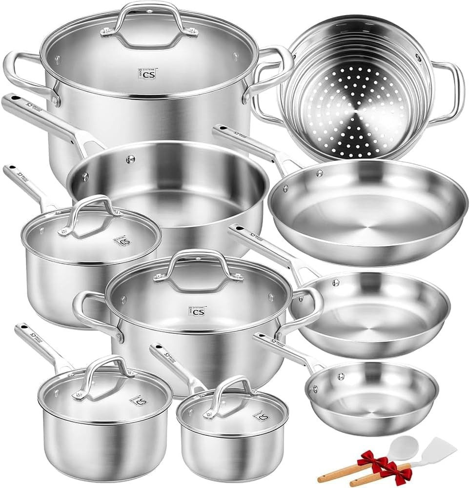 Stainless Steel Cookware Set 17 Piece, Professional 18/10 Stianless Steel Pots