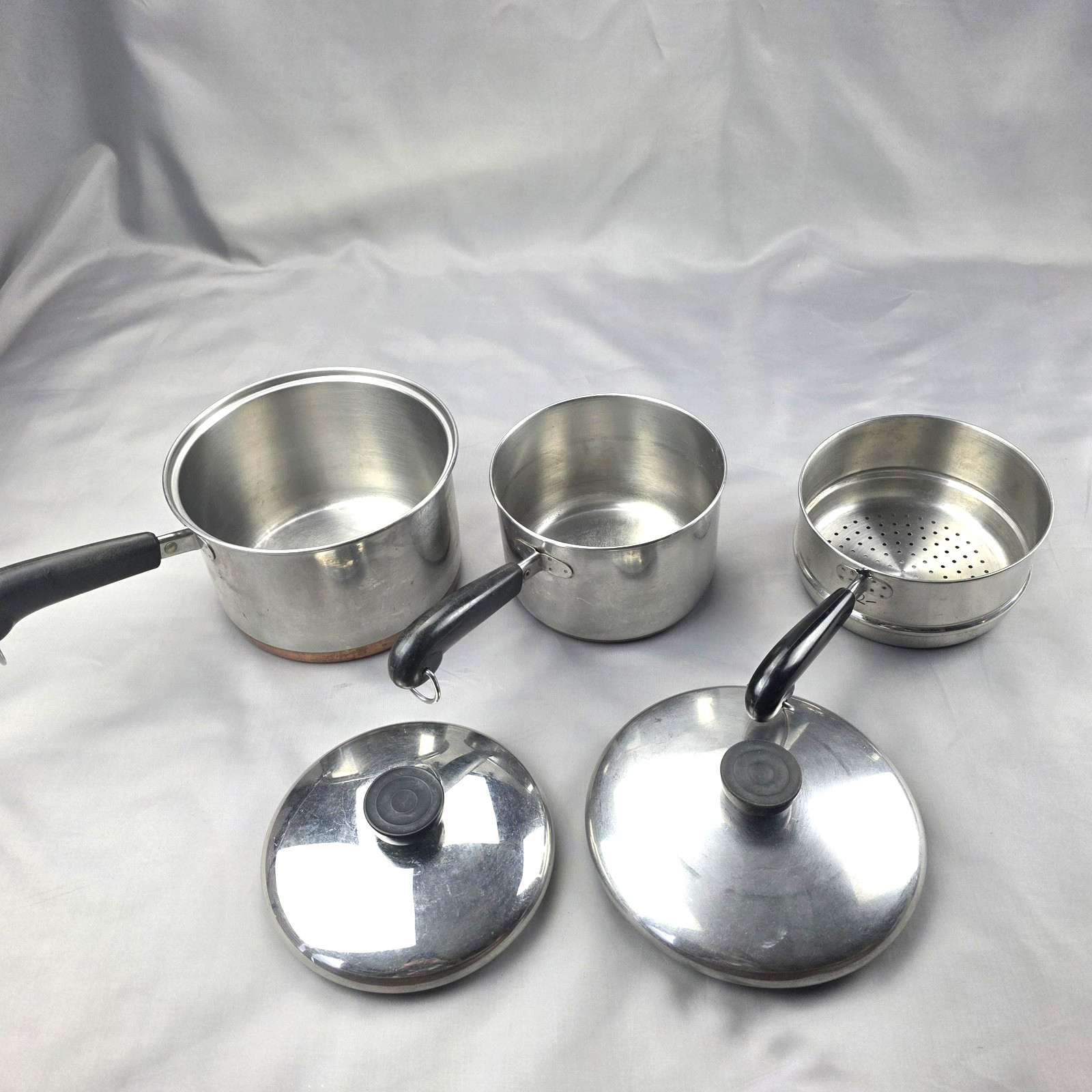 Vintage Revere Ware Stainless Saucepan Steamer Set 2 3 Qt Copper Bottom USA