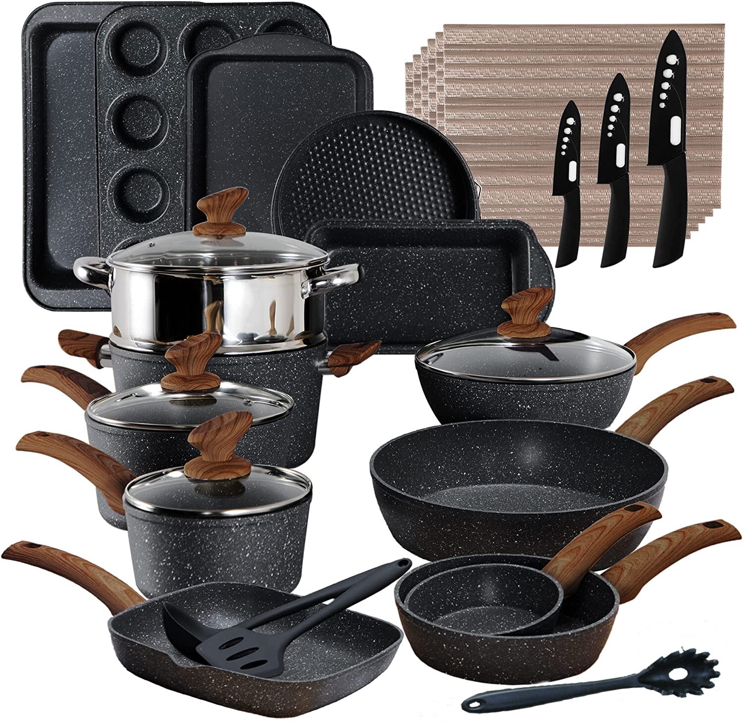 30 Pieces Cookware Set Pots and Pans Set Granite Coated Non Stick Bakeware Set
