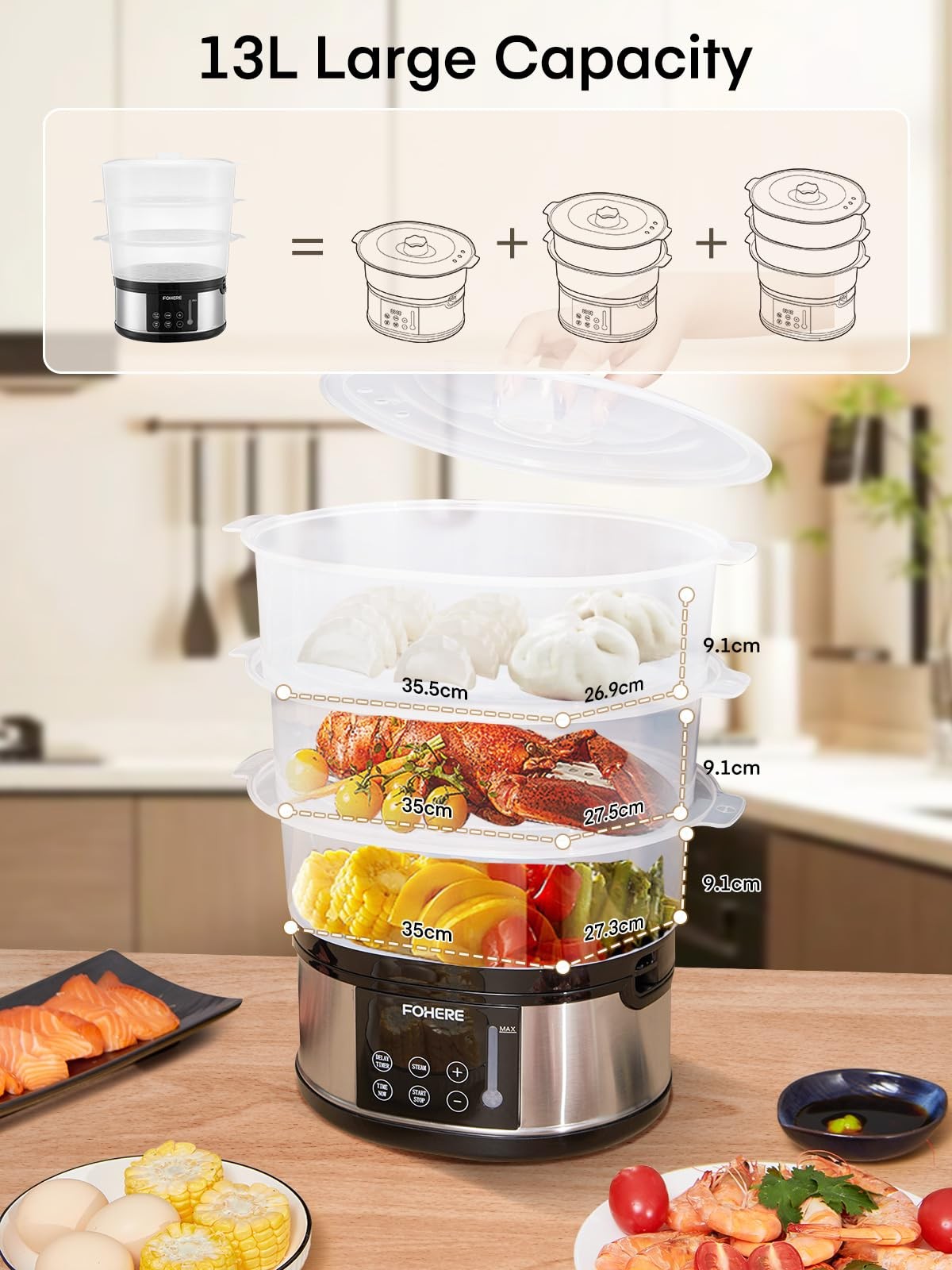 FOHERE Food Steamer for Cooking,13.7QT Vegetable Steamer with Stackable 3 Tiers