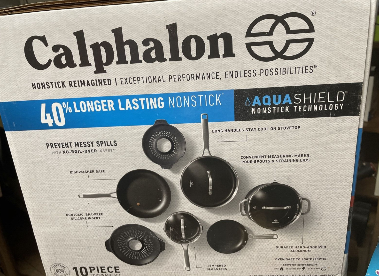CALPHALON CLASSIC AQUA SHIELD 10 piece cookware setwith boil over inserts