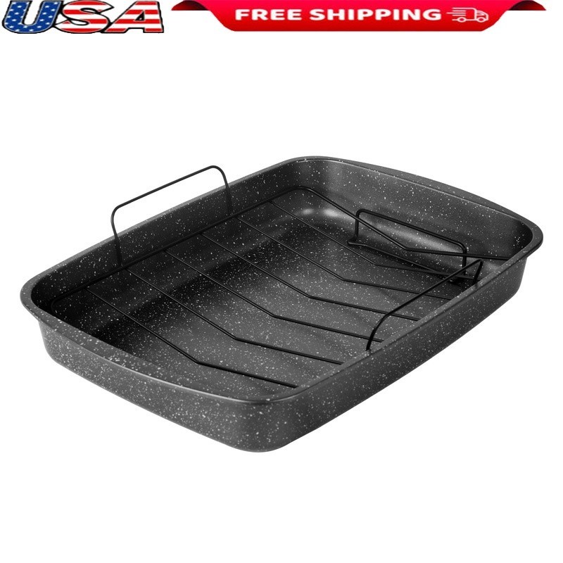 Non-Stick Roasting Pan W/ Wire Rack 18.9 Inch Heavy Duty Carbon Steel 2PC New