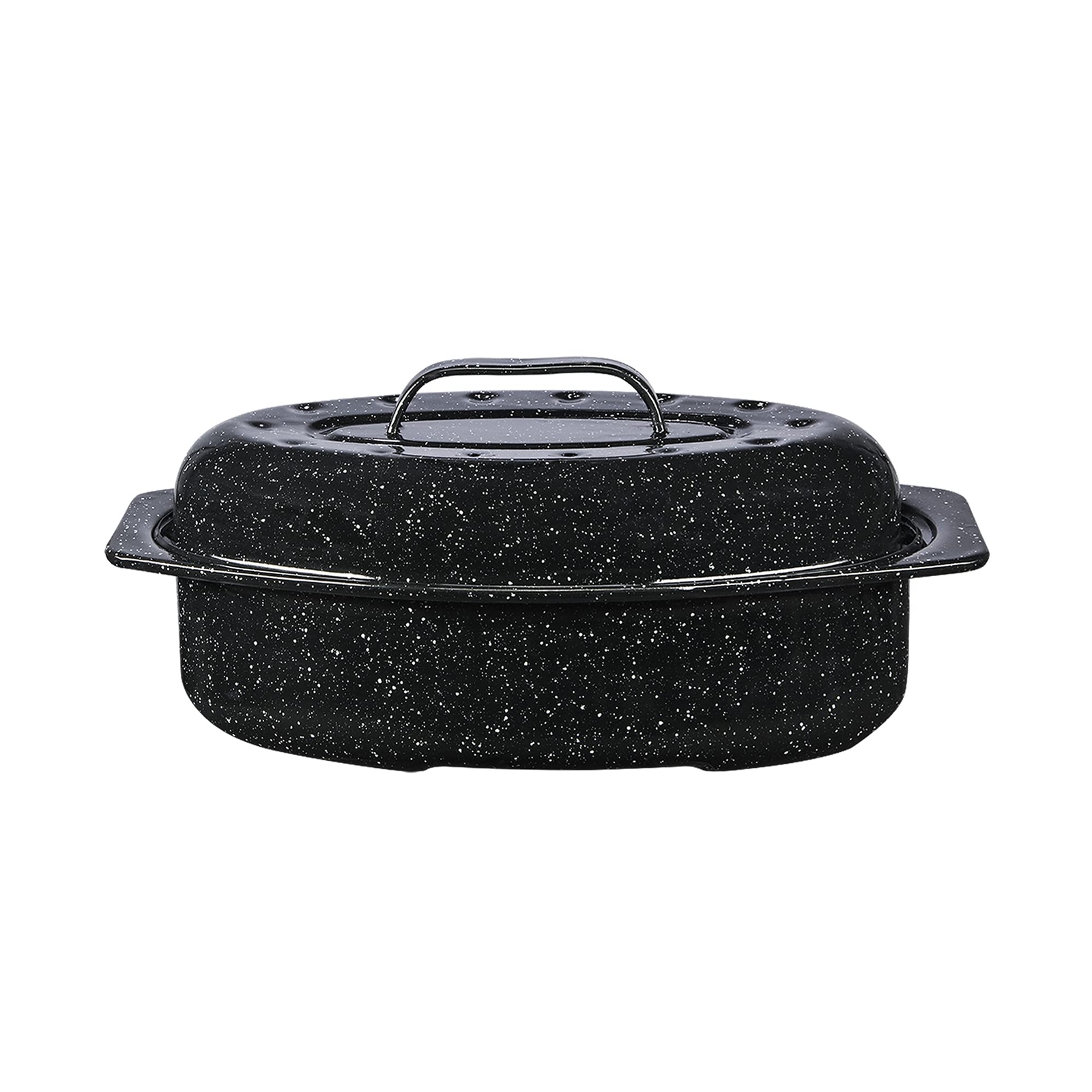 13-inch oval roaster with Lid. Enameled steel design to accommodate up to 7 lb p