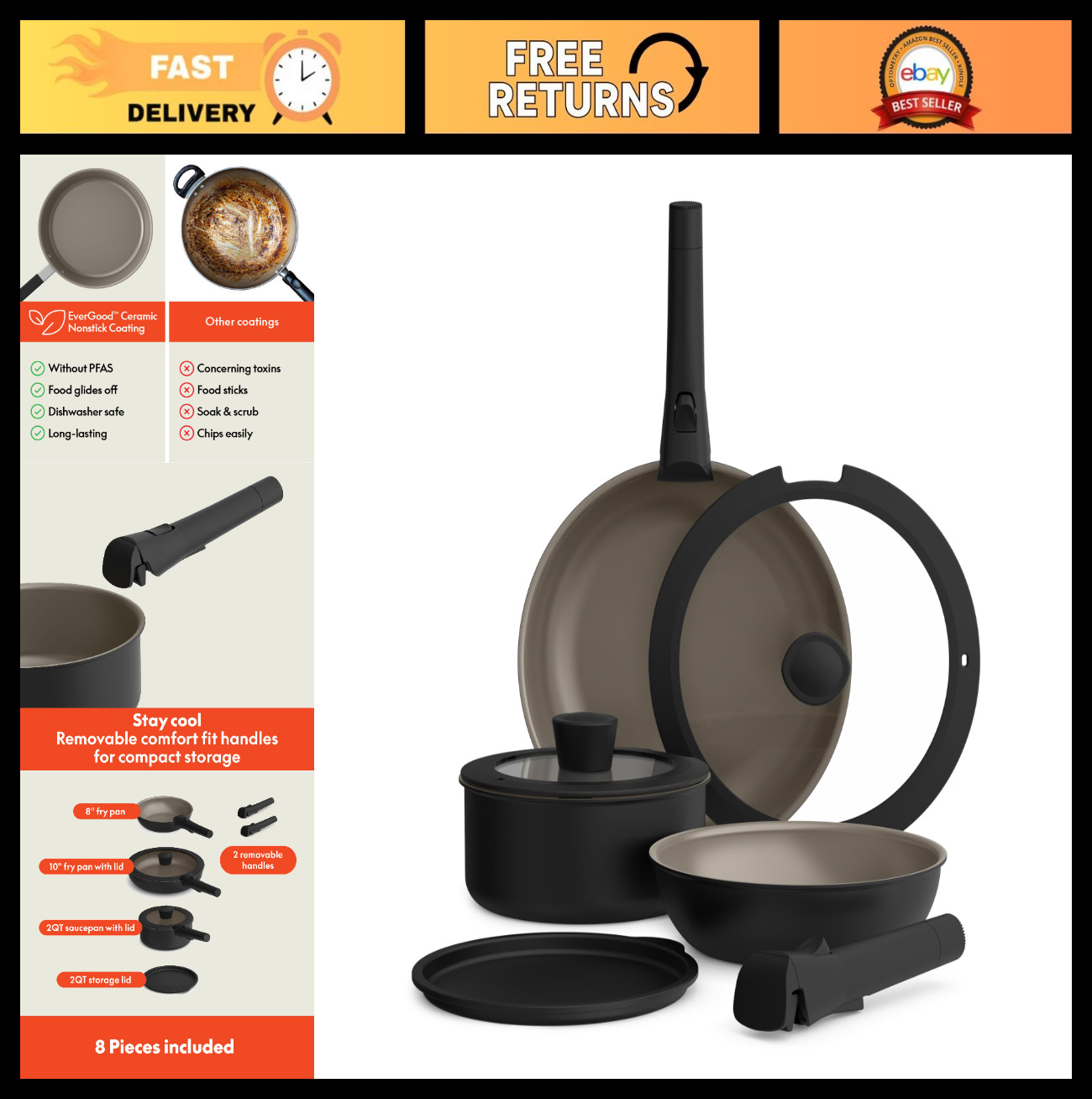 8-Piece Removable Handle Cookware Set, Nonstick Ceramic, Dishwasher Safe, All St