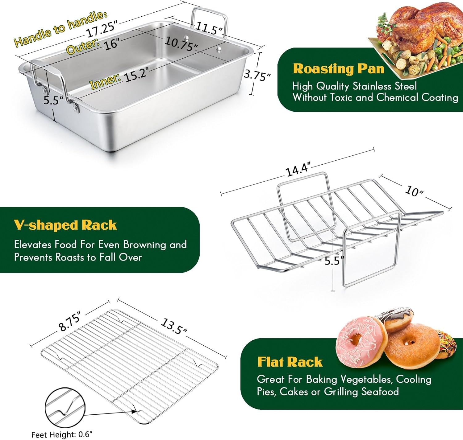 E-far Roasting Pan 16×11.5 Stainless Steel Turkey Roaster Rack