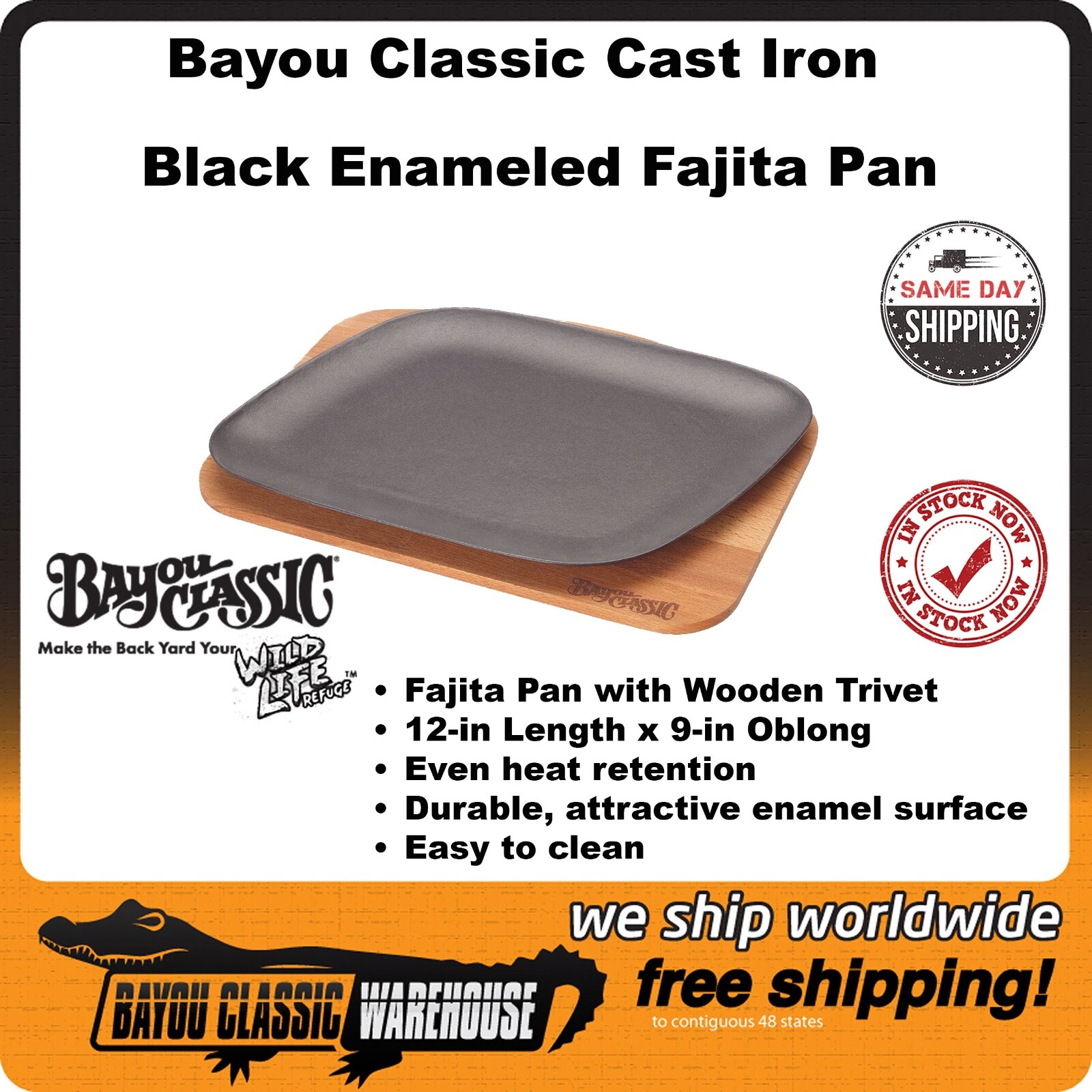 Black Enameled Cast Iron Fajita Pan With Wooden Trivet by Bayou Classic 7780B
