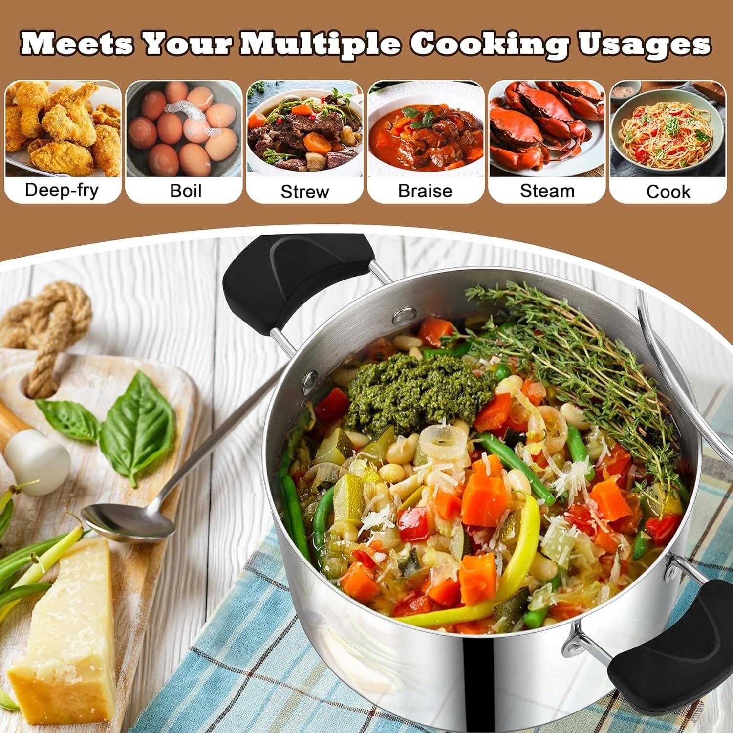 8 Quart 3-Ply Cooking Stock Pot with Lid, Stainless Steel Large Pot for Pasta…