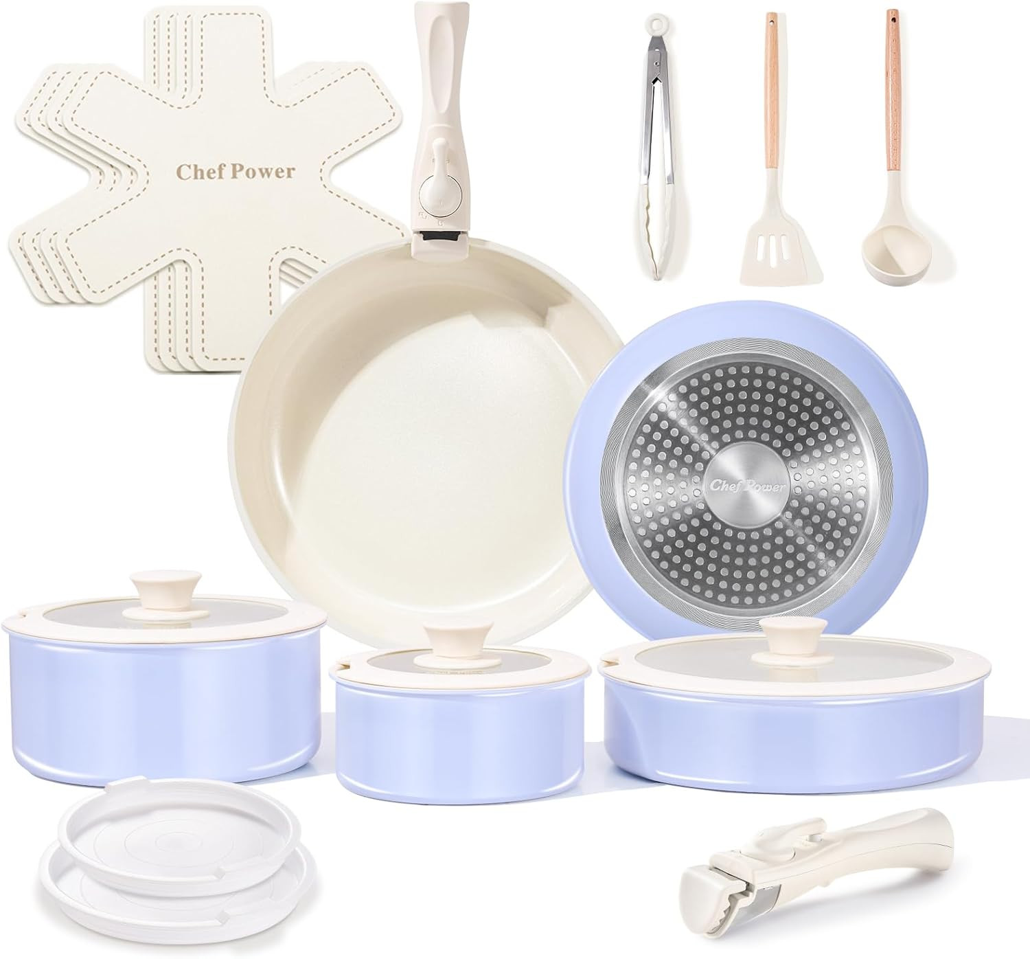 Ceramic Nonstick Cookware Set with Detachable Handle 19Pk Set Light Purple