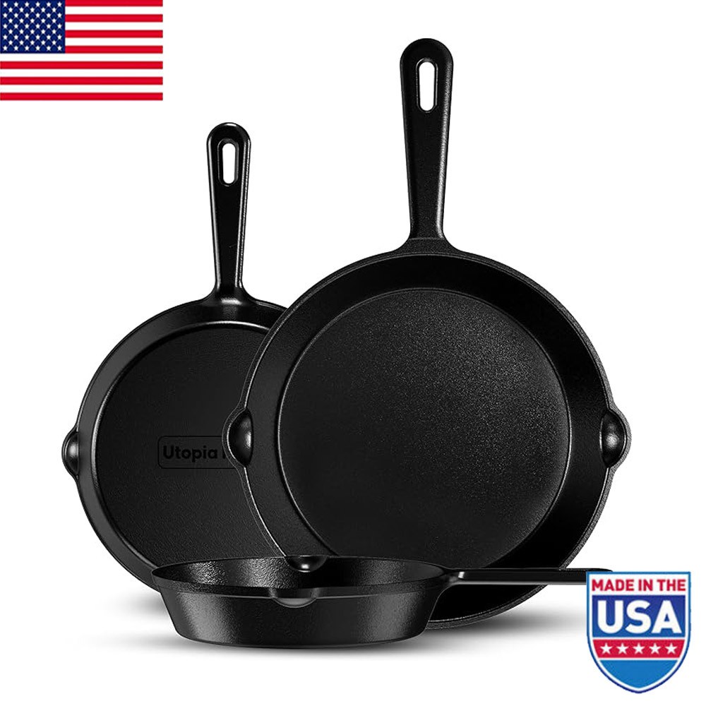 3 Piece 6 8 & 10 in Kitchen Cast Iron Skillets Pre Seasoned Stove Grill Black