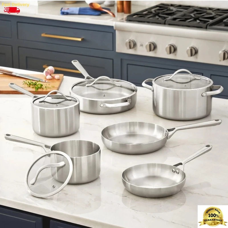 10-Piece Modern Tri-Ply Clad Stainless Steel Cookware Set with Glass Lids