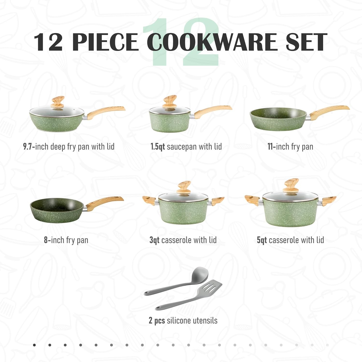 MAISON ARTS Pots and Pans Set Non Stick, 12 Piece Green Granite Cookware
