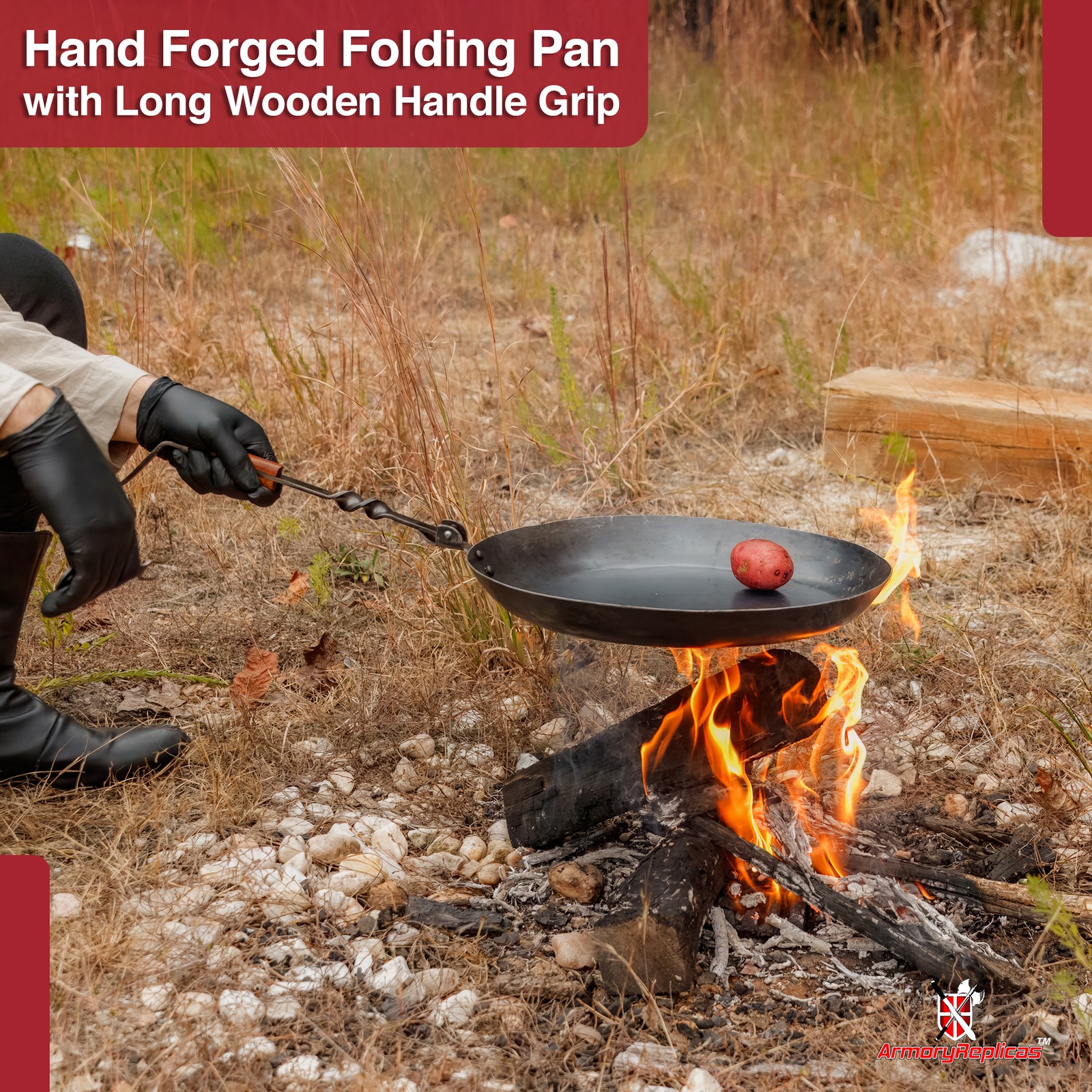 Heavy Duty Functional Medieval Outdoor Camping Hand Forged Folding Frying Pan