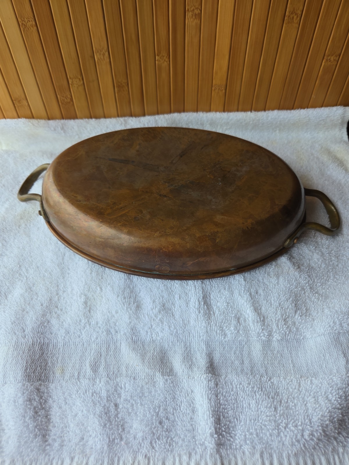 Vintage Copper Tin Lined Gratin Pan W/Brass Handles 10”x 7.5″