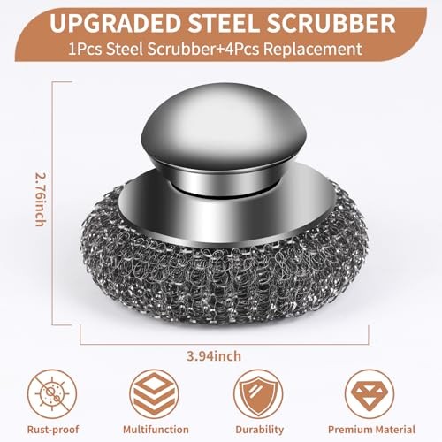 5Pcs Steel Wool Scrubber with Replacement Wire Sponge Pads Set, 1 Handle+4 Pads