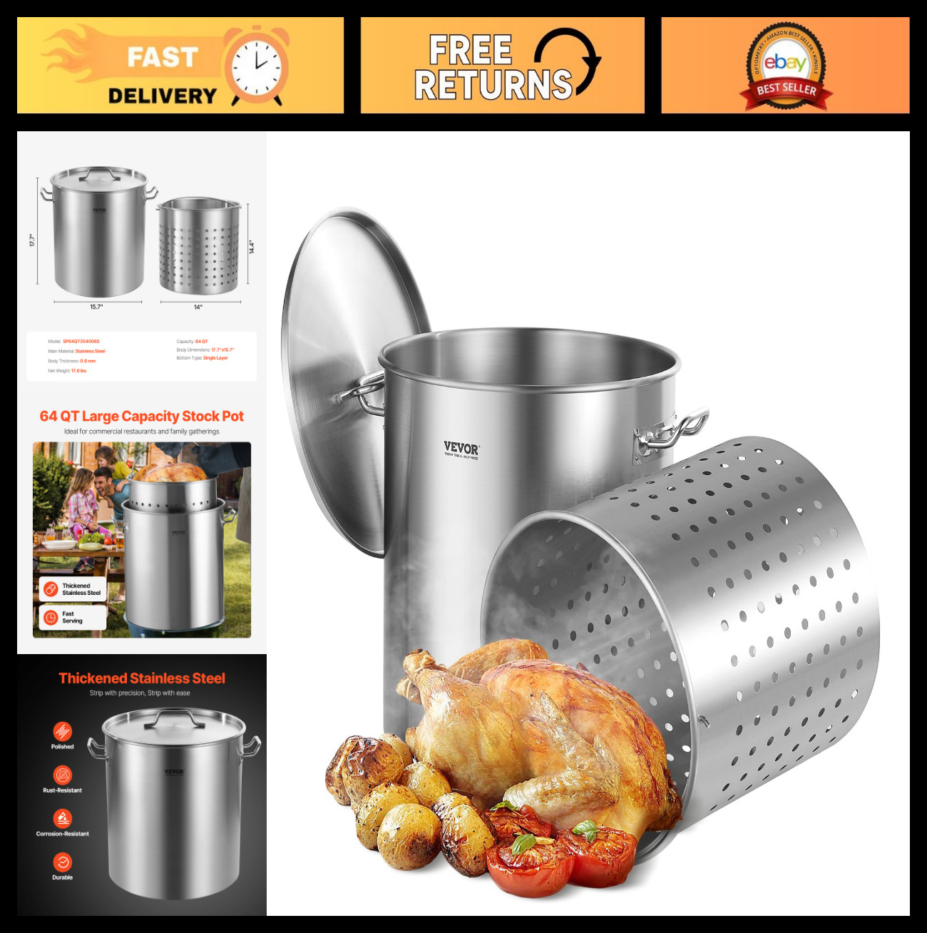 64 Quart Stainless Steel Stockpot – Heavy Duty Cookware with Basket & Lid for Ev