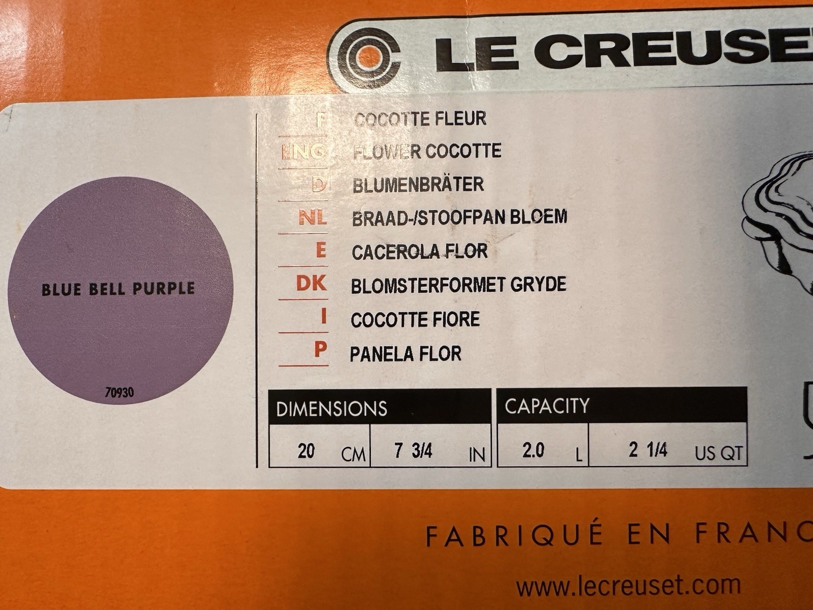 Le Creuset Flower Cast Iron Cocotte 2.25 Qt. Blue Bell Purple w/Flower Knob. NIB