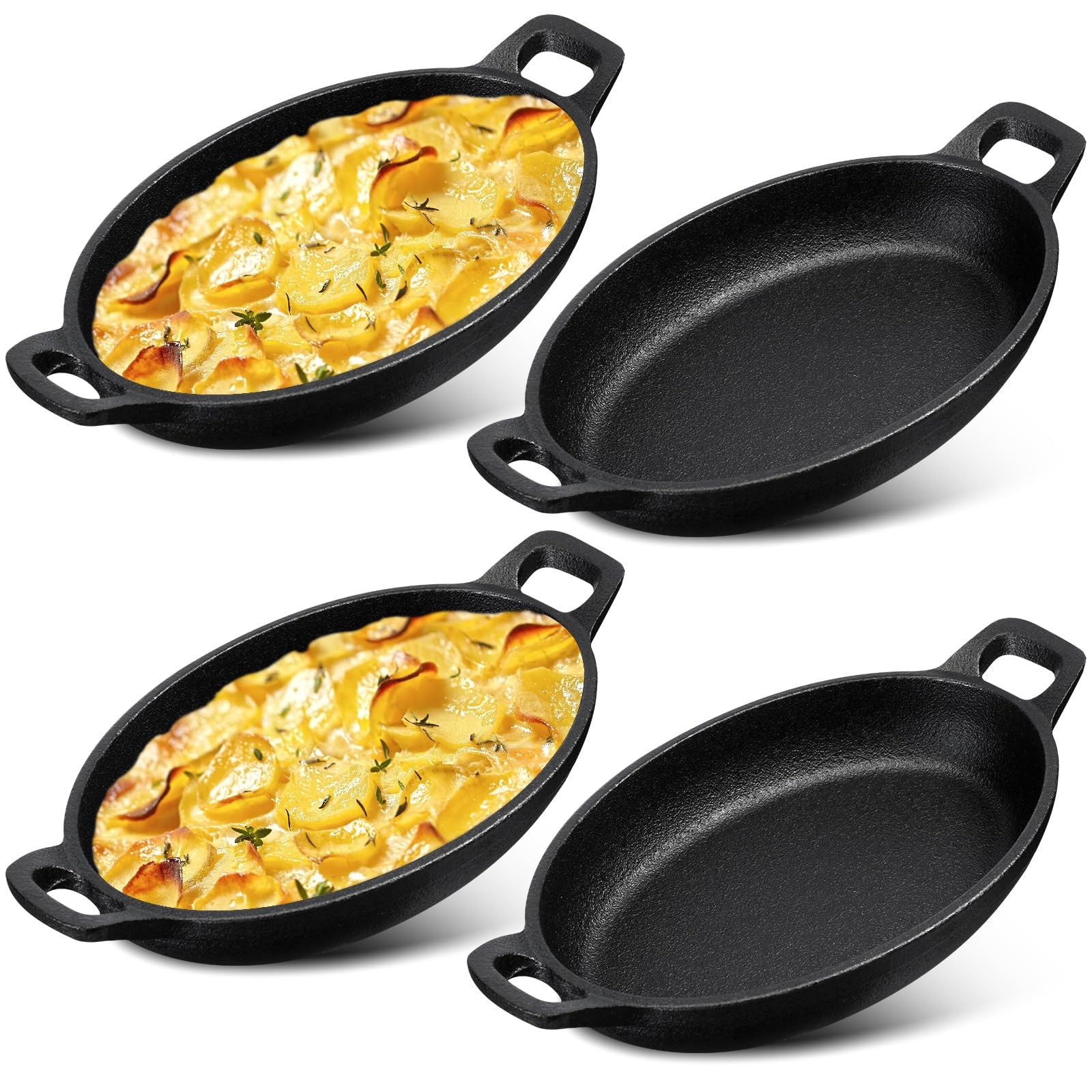Mifoci 4 Pcs 16 oz 8.7” x 4.7” Oval Serving Dish Mini Cast Iron Skillet Cast I