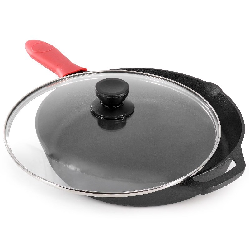 12 in Oven Safe Cast Iron Skillet with Tempered Glass Lid