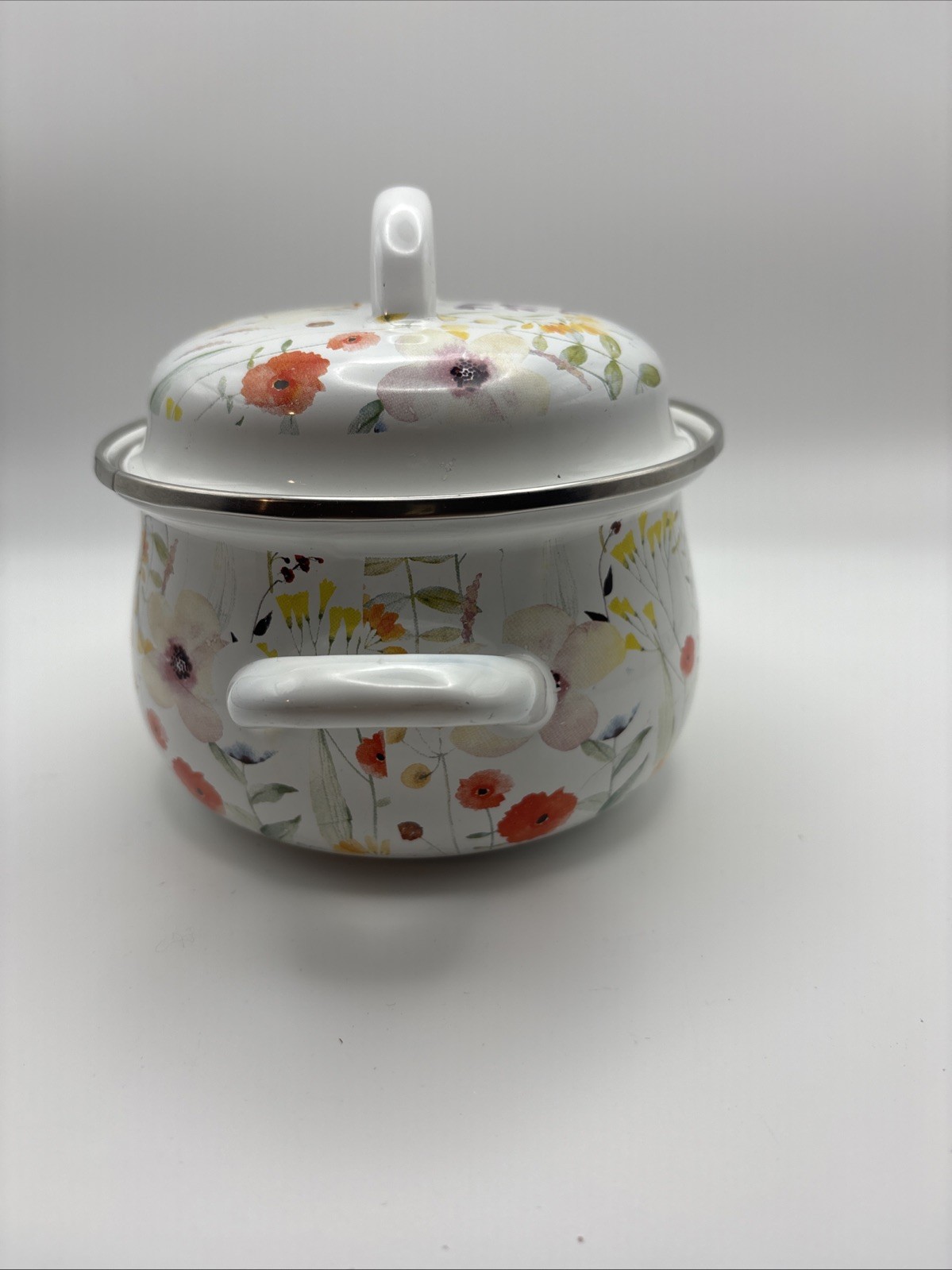 Crofton Mini Enameled Steel Pot Floral with Lid Double Handles New