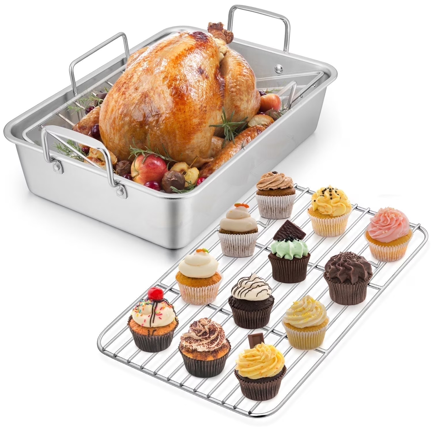 Roasting Pan with Rack Set, 16 Inch Stainless Steel Large Turkey Roaster