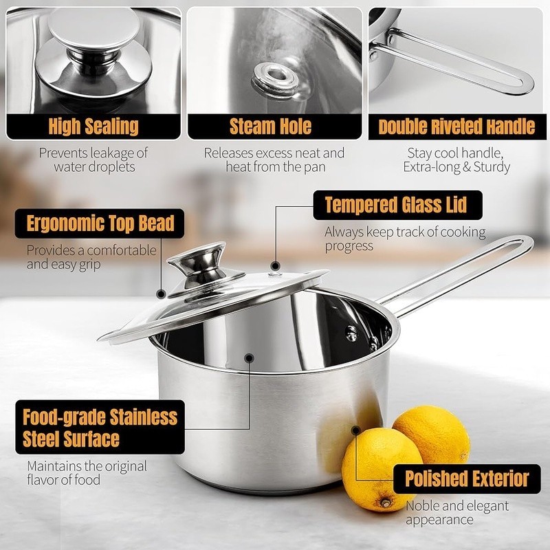 Stainless Steel Cookware Set 6PCS Pots W/ Tempered Glass Lids Durable Nonstick