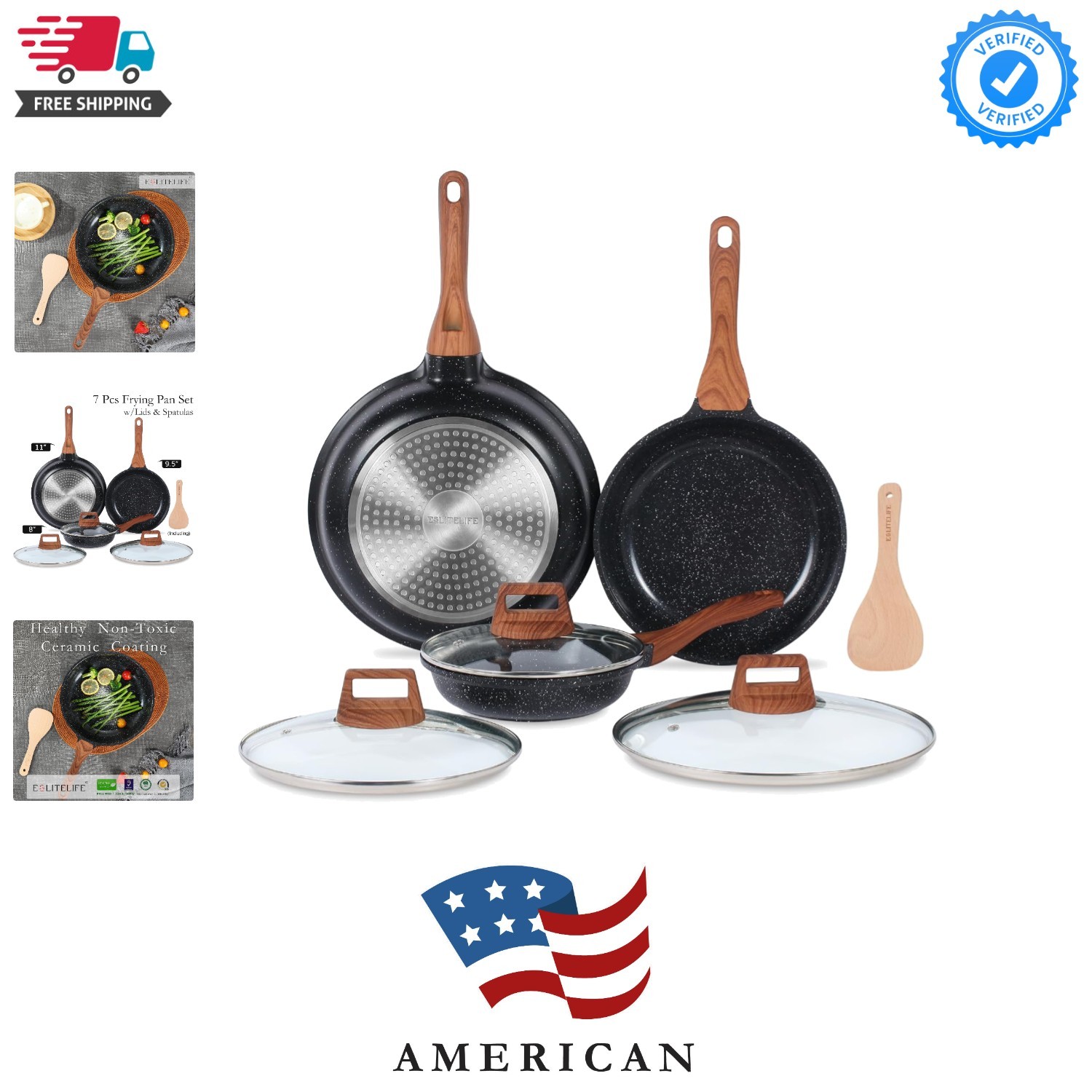 Nonstick Ceramic Frying Pans Skillets Set with Lids, Non-Toxic Egg Omelette K…