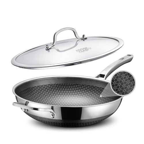 SNOWCLAD Tri-Ply Frying Pan Stainless Steel Nonstick Pan W/Lid Hybrid Woks, 13″