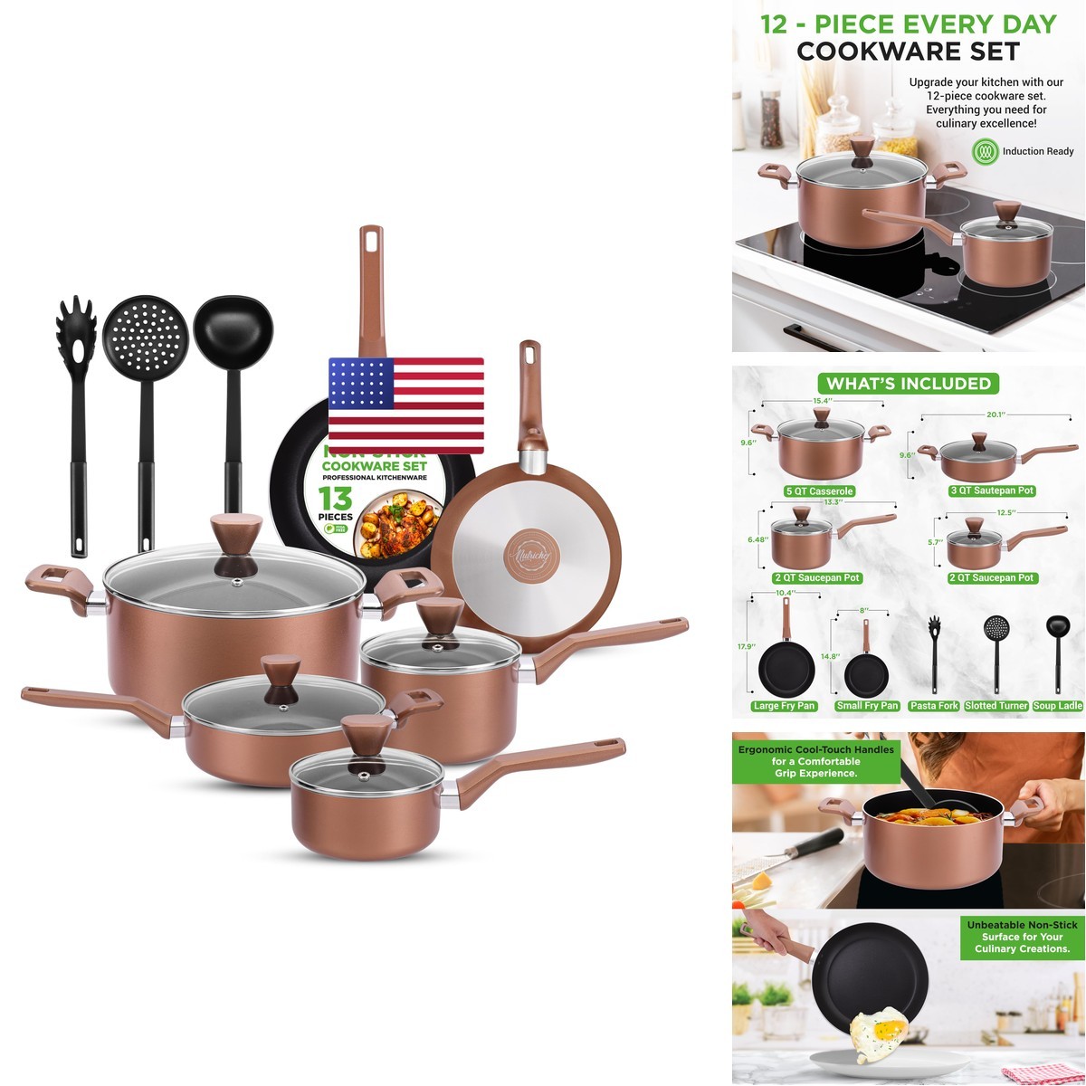 Nutrichef 13-Piece Nonstick Kitchen Cookware Set-Ptfe/Pfoa/Pfos-Free Heat