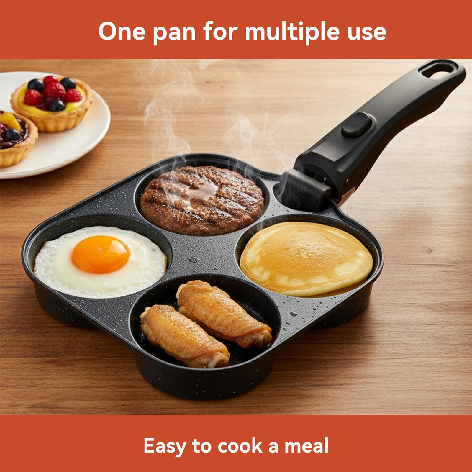 1 PC 4Cup Nonstick Aluminum Omelette Egg Pan Detachable Handle Skillet