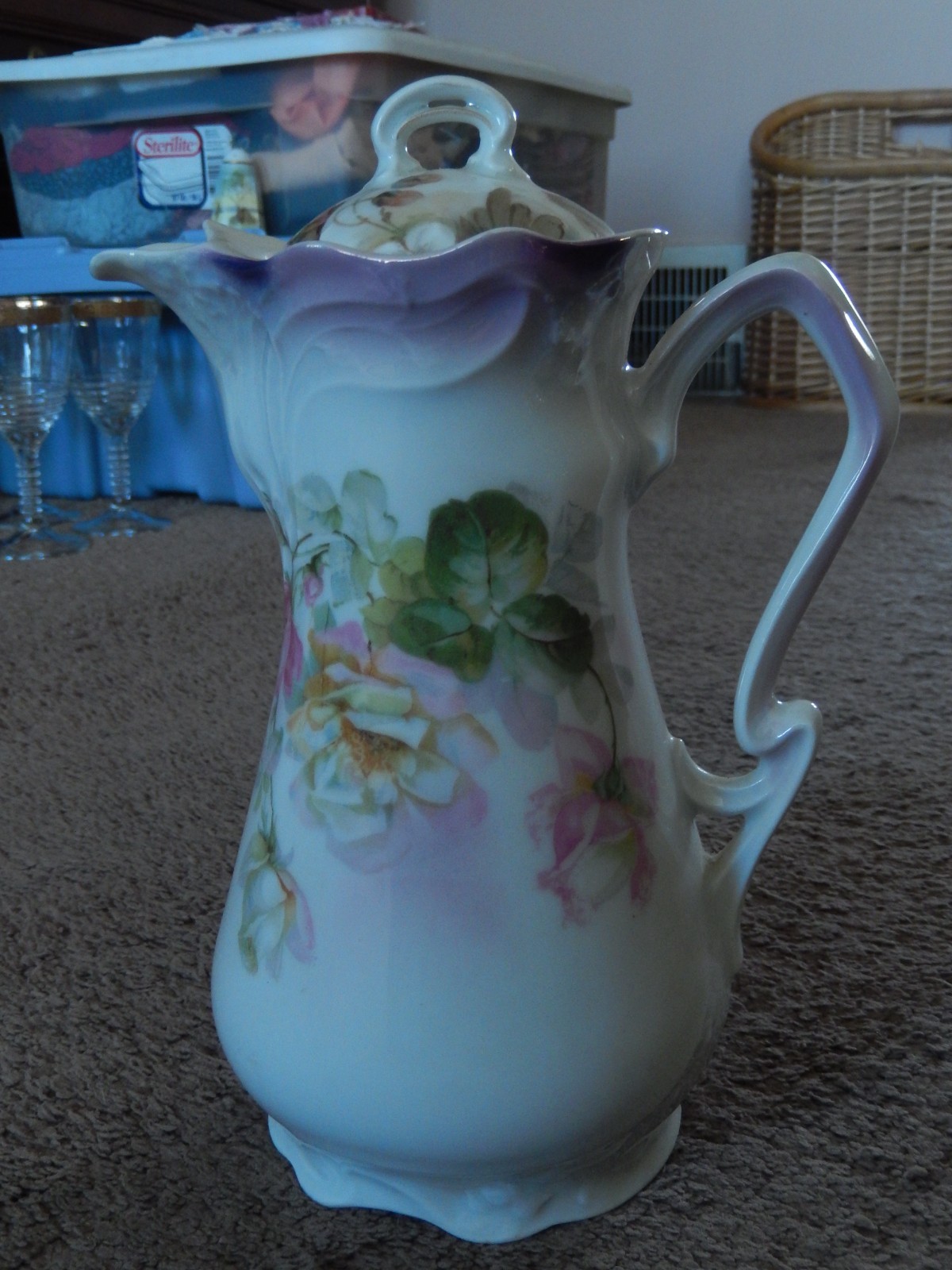 Antique JSV Germany Chocolate Pot /Teapot BEAUTIFUL HANDPAINTED FLOWERS ROSES