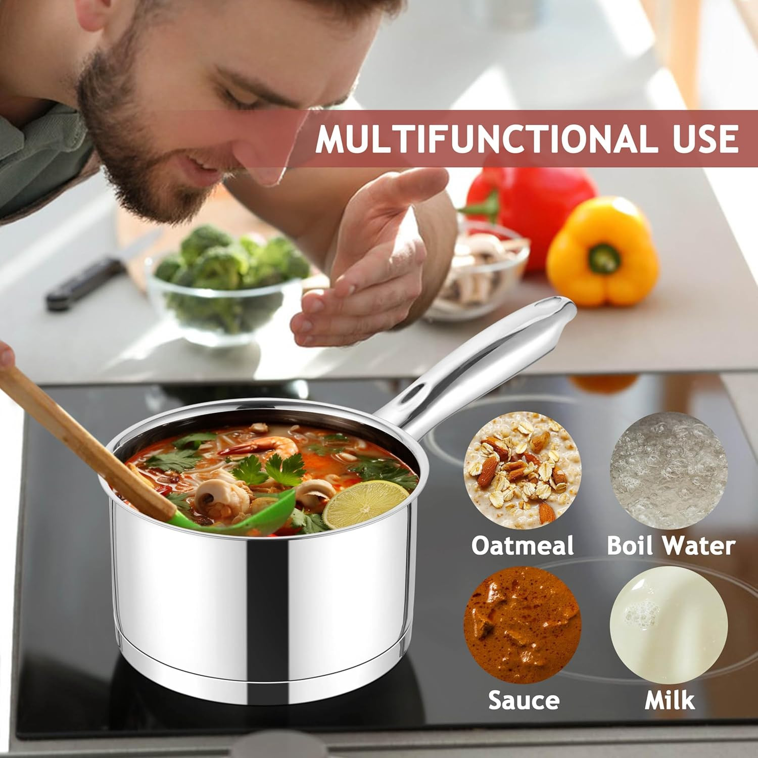 1 Quart Saucepan with Lid, Stainless Steel Small Sauce Pan Boiling Pot for Cooki