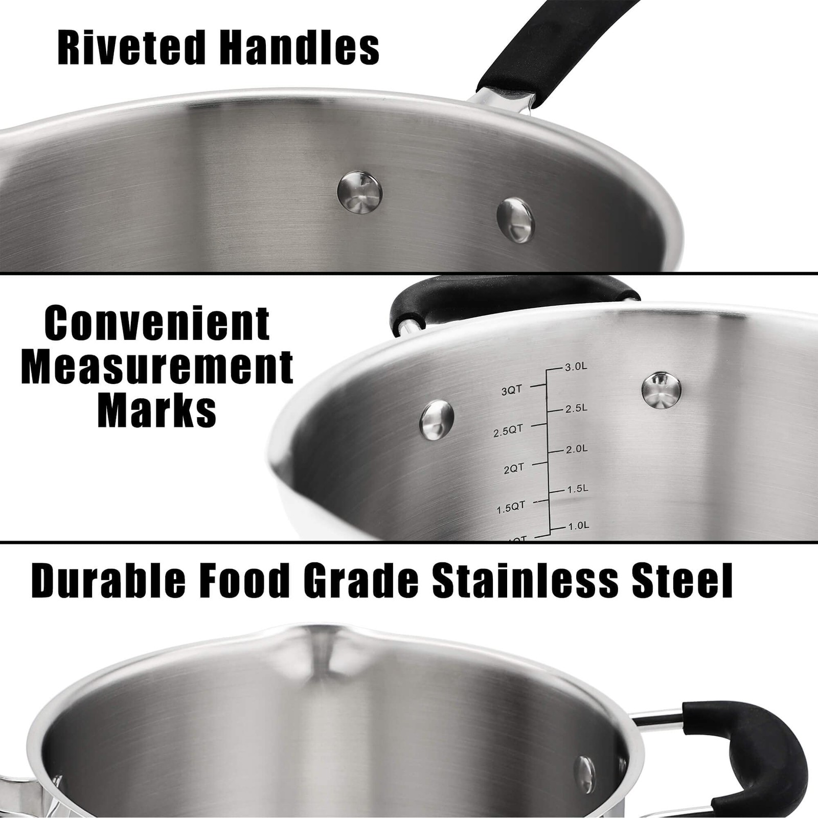 Rorence 3.7 Quart Glass Lid Stainless Steel Sauce Pan Two Sides Pour Silicone