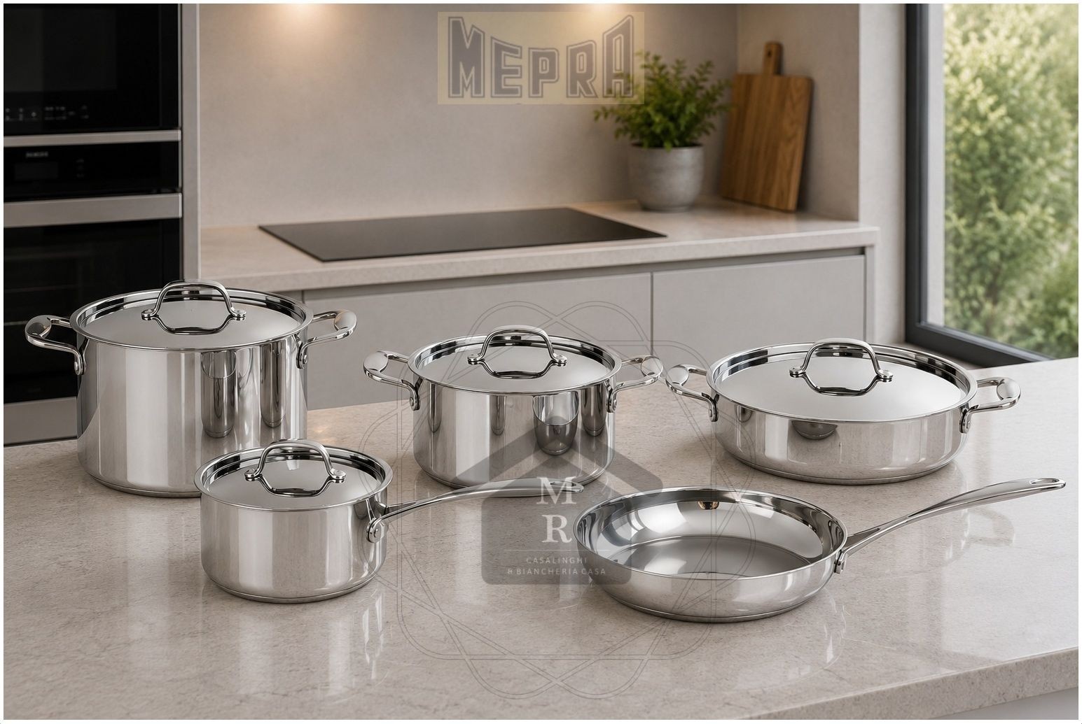 9pc 18/10 Stainless Steel Triple Bottom Induction Line Mepra Pot Set
