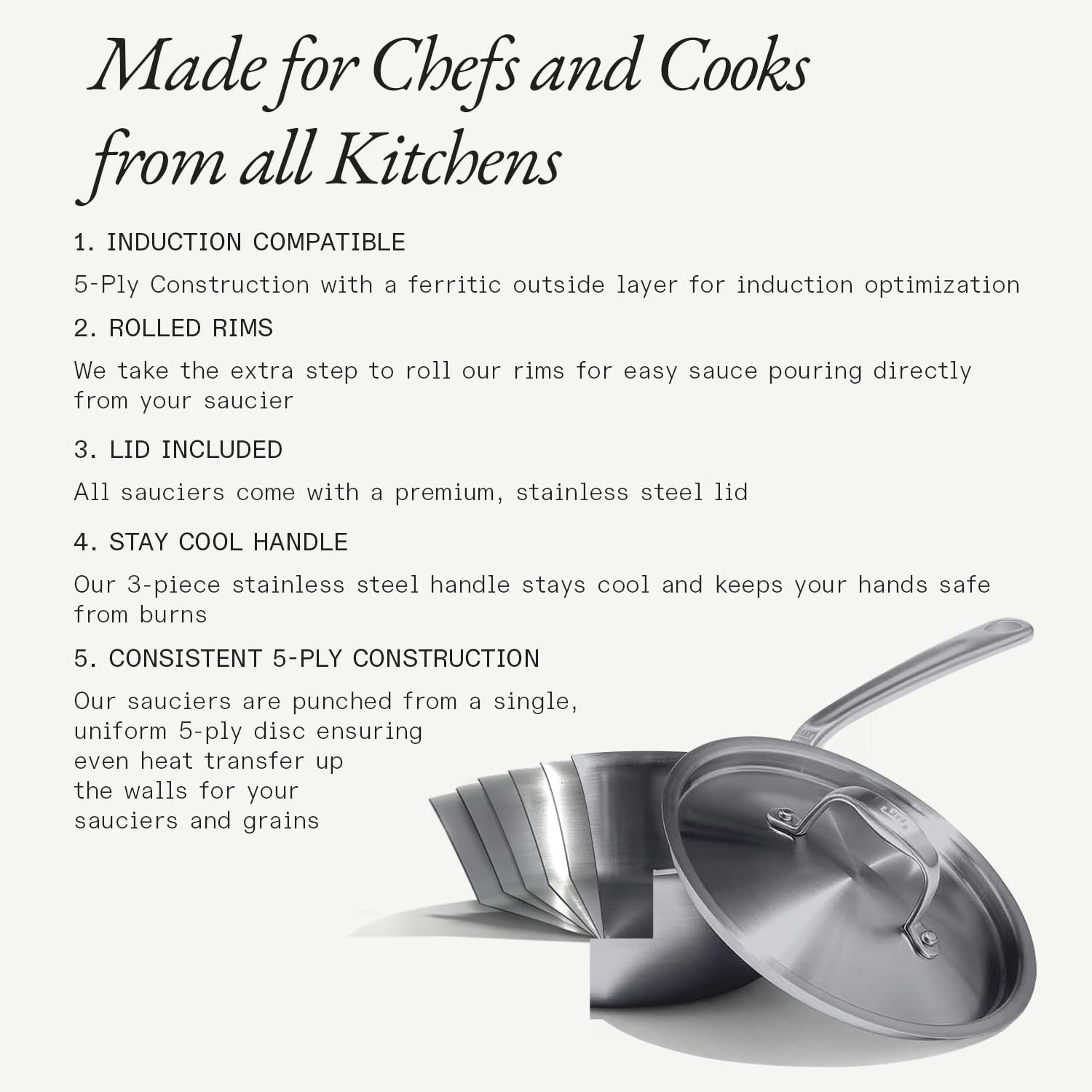 Cookware – 3 Quart Stainless Steel Saucier Pan – 5 Ply Stainless Clad – Profe…