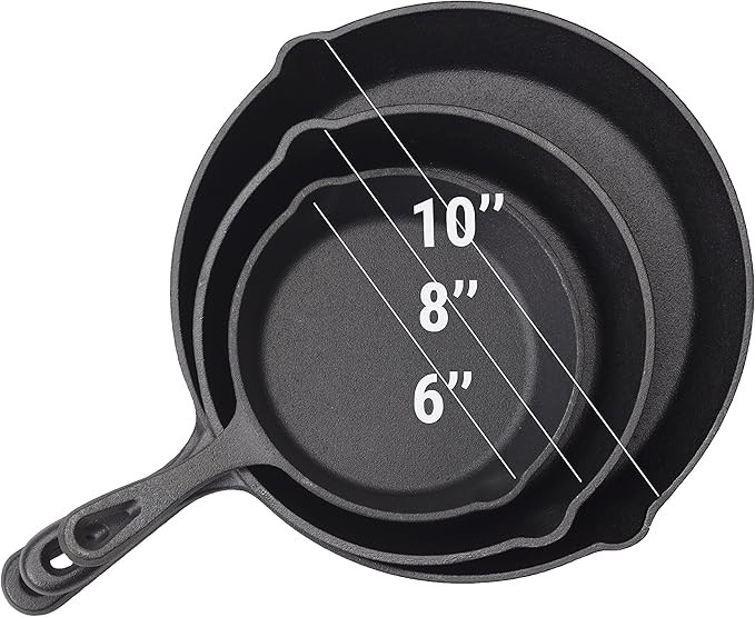 3 Piece Cast Iron Skillet Frying Pan Set 6 8 10 in Handle Pre-Seasoned Black