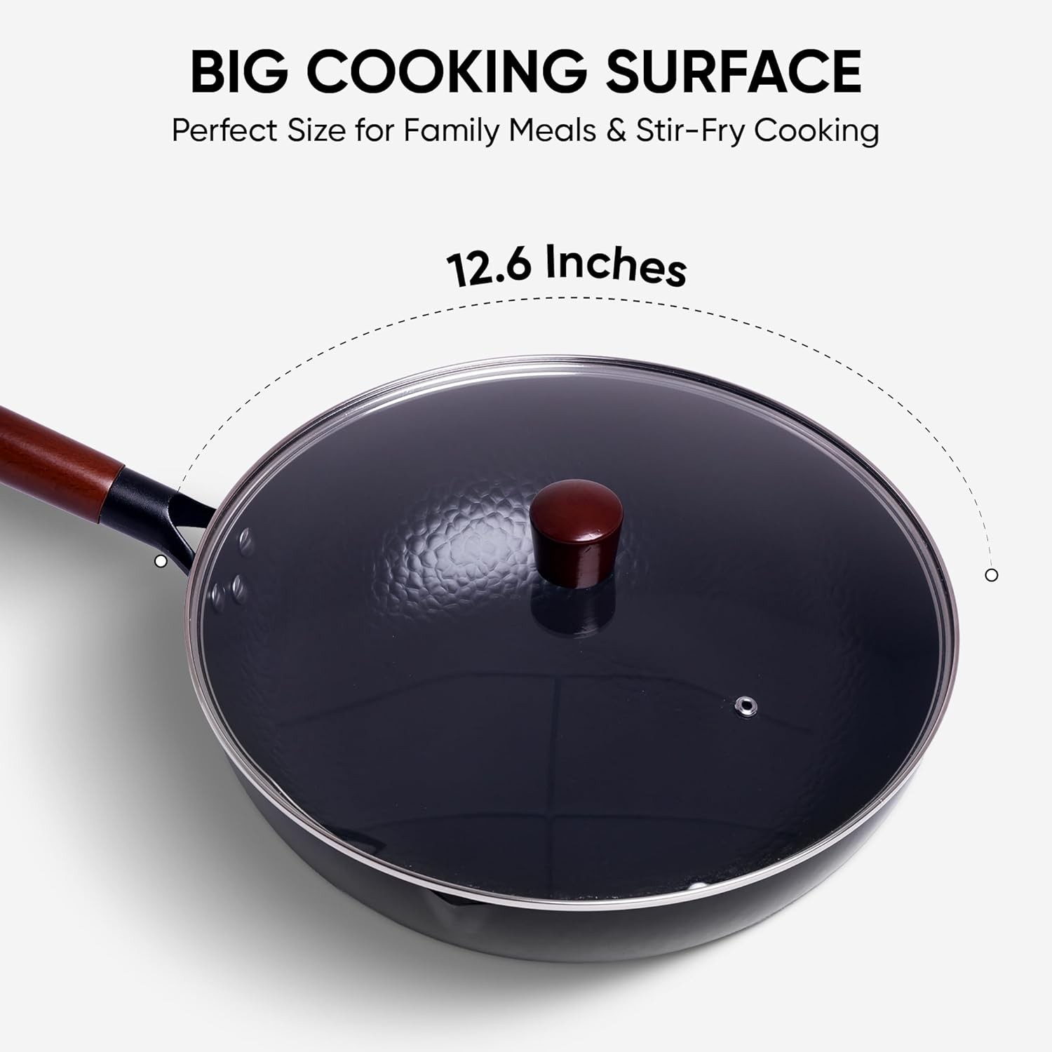 12.6 Inch Carbon Steel Wok Pan with Glass Cover, Pre-Seasoned Nonstick Flat