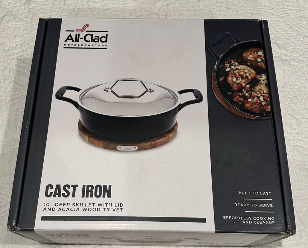 NIB All-Clad Cast Iron Enameled Brasier Dutch Oven w/ SS Lid & Wood Trivet 4Qt