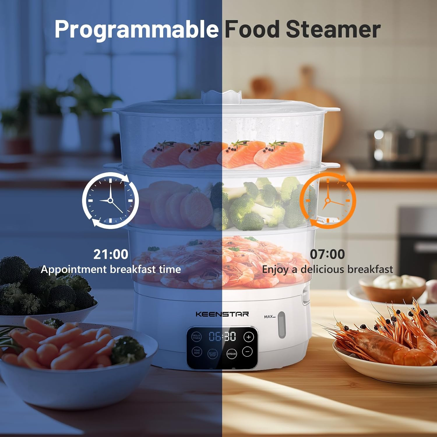 Electric Food Steamer, 13.7QT Vegetable Steamer with 3 Tiers Bpa-Free Baskets, D