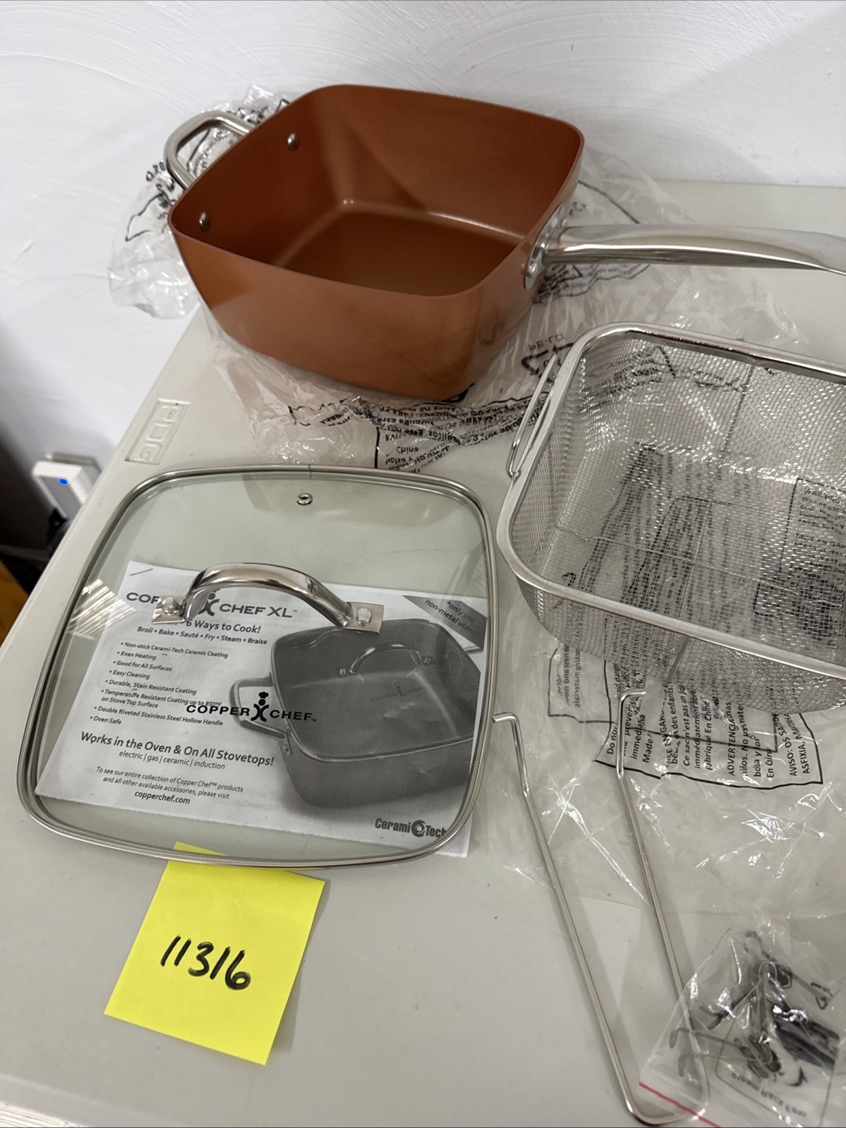 Copper Chef 9.5″ Square 4″ Deep Fry Pan Skillet Glass Lid, Basket &ibooklet NEW